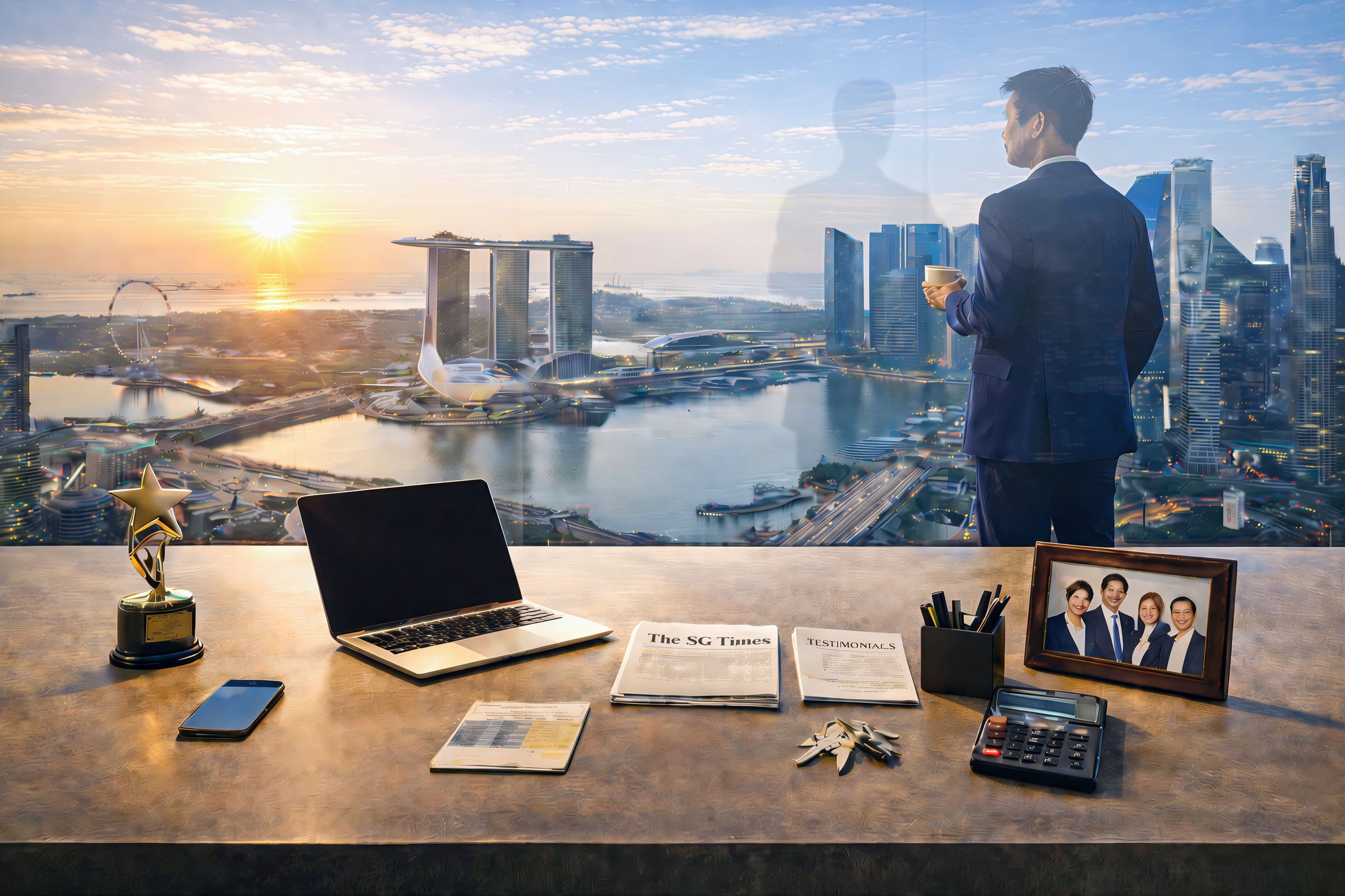 Finacle adviser at a desk overlooking the Singapore skyline